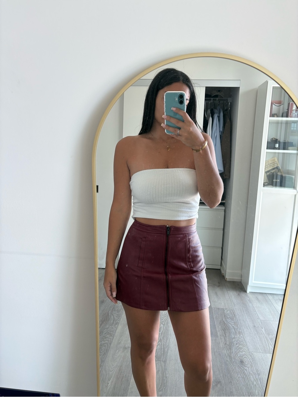 Bershka Wine Red Faux Leather Zip-Front Mini Skirt